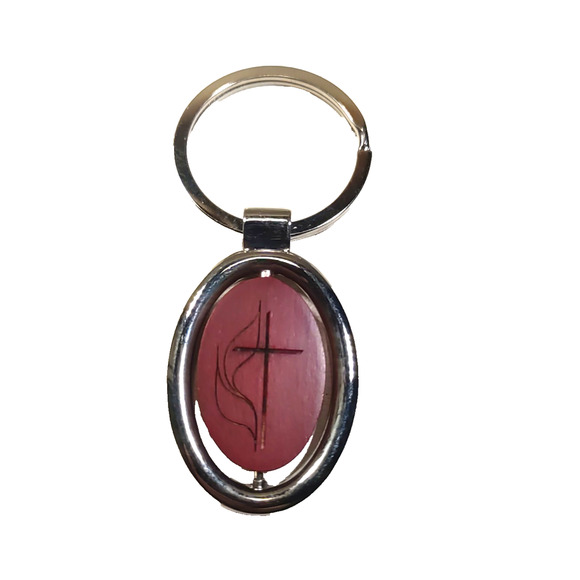 Religious Keychain Wooden Silver Tone Spinner Etched Cross - Picture 2 of 5